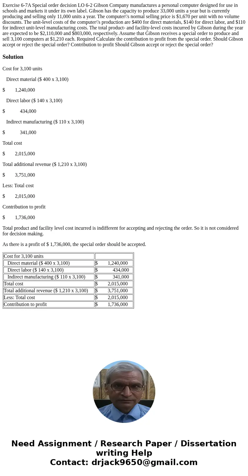 Exercise 6-7A Special order decision LO 6-2 Gibson Company manufactures a personal computer designed for use in schools and markets it under its own label. Gib  Exercise 6-7A Special order decision LO 6-2 Gibson Company manufactures a personal computer designed for use in schools and markets it under its own label. Gib