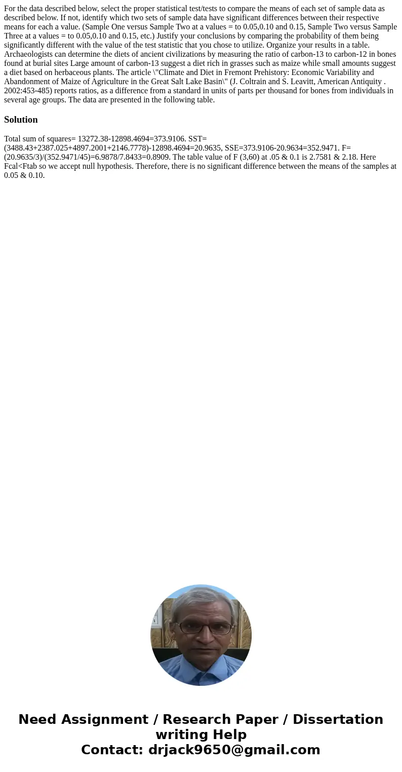 For the data described below, select the proper statistical test/tests to compare the means of each set of sample data as described below. If not, identify whi  For the data described below, select the proper statistical test/tests to compare the means of each set of sample data as described below. If not, identify whi