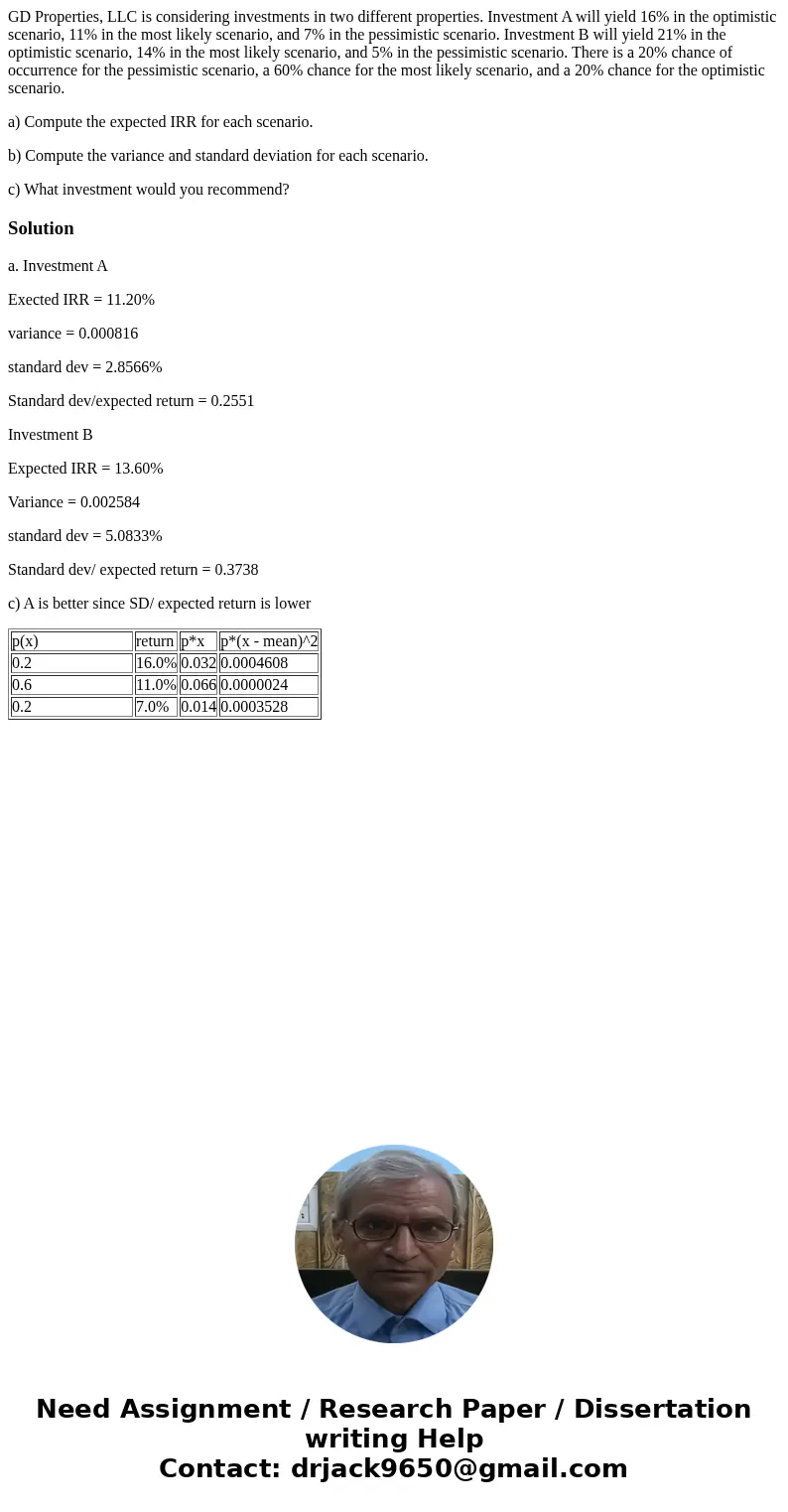 GD Properties, LLC is considering investments in two different properties. Investment A will yield 16% in the optimistic scenario, 11% in the most likely scenar GD Properties, LLC is considering investments in two different properties. Investment A will yield 16% in the optimistic scenario, 11% in the most likely scenar
