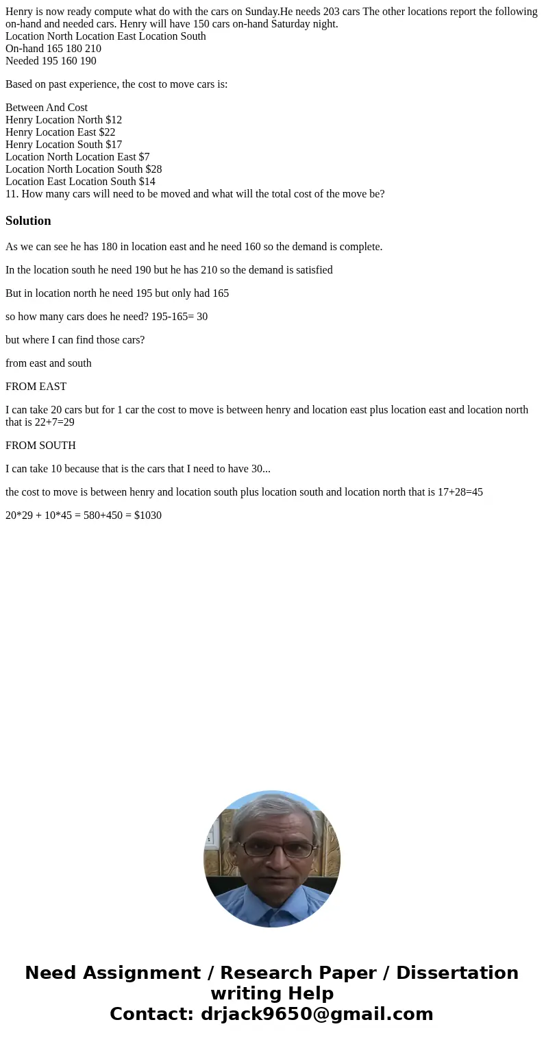 Henry is now ready compute what do with the cars on Sunday.He needs 203 cars The other locations report the following on-hand and needed cars. Henry will have 1 Henry is now ready compute what do with the cars on Sunday.He needs 203 cars The other locations report the following on-hand and needed cars. Henry will have 1
