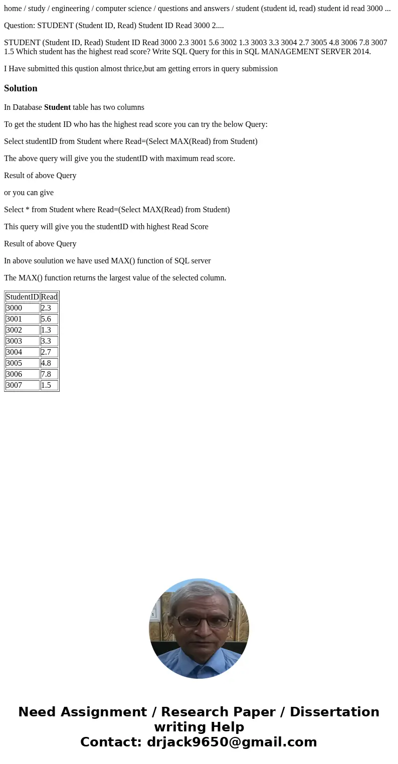 home / study / engineering / computer science / questions and answers / student (student id, read) student id read 3000 ... Question: STUDENT (Student ID, Read) home / study / engineering / computer science / questions and answers / student (student id, read) student id read 3000 ... Question: STUDENT (Student ID, Read)