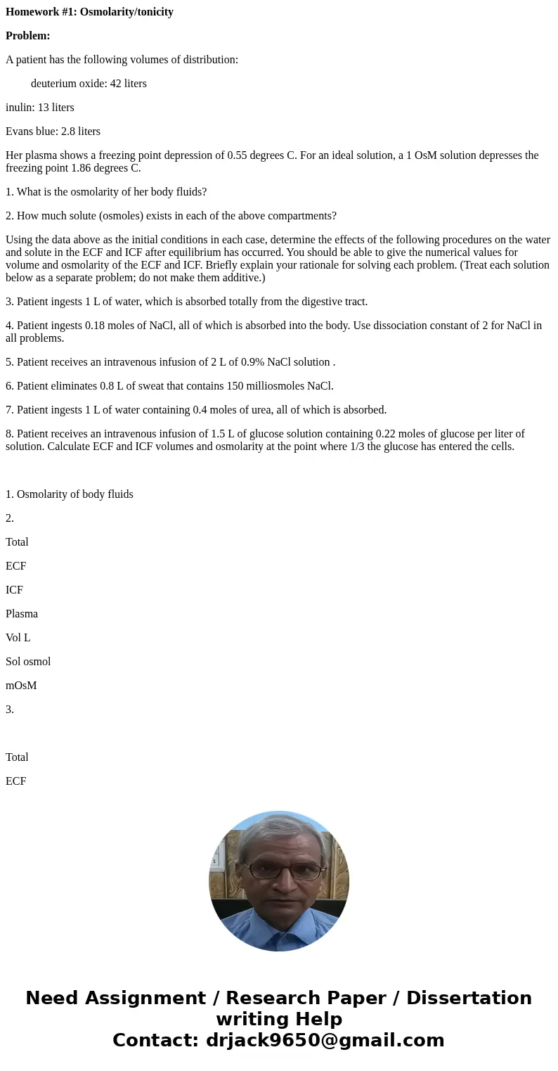 Homework #1: Osmolarity/tonicity Problem: A patient has the following volumes of distribution: deuterium oxide: 42 liters inulin: 13 liters Evans blue: 2.8 lite Homework #1: Osmolarity/tonicity Problem: A patient has the following volumes of distribution: deuterium oxide: 42 liters inulin: 13 liters Evans blue: 2.8 lite