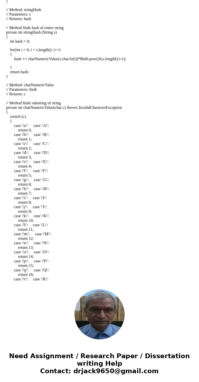 I need help with this two methods in java. Here are the guidelines. The methods private int stringHash(String s) and private int RabinKarpHashes(String s, int[]