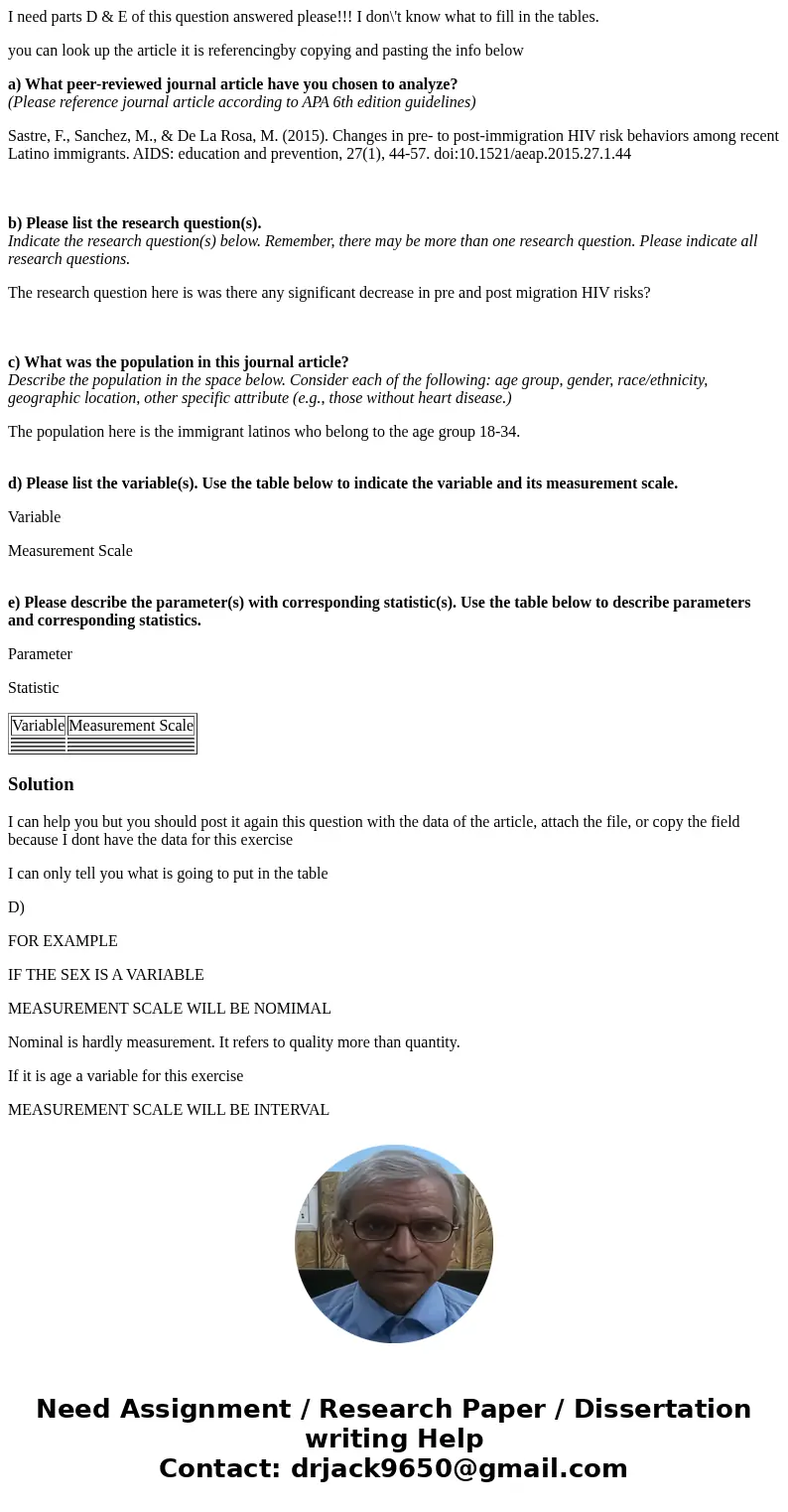 I need parts D & E of this question answered please!!! I don\'t know what to fill in the tables. you can look up the article it is referencingby copying and I need parts D & E of this question answered please!!! I don\'t know what to fill in the tables. you can look up the article it is referencingby copying and
