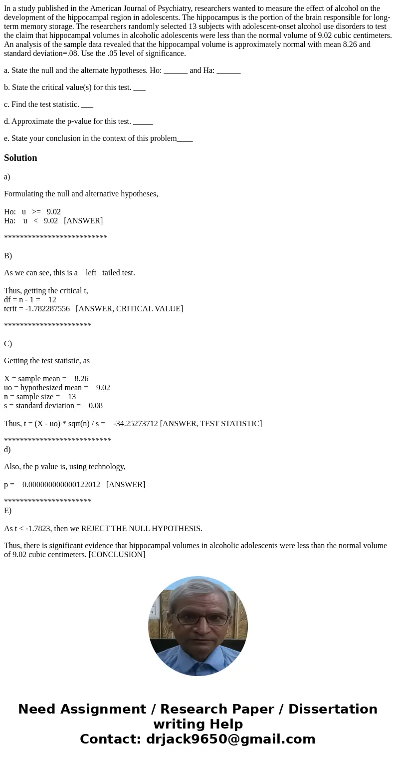 In a study published in the American Journal of Psychiatry, researchers wanted to measure the effect of alcohol on the development of the hippocampal region in  In a study published in the American Journal of Psychiatry, researchers wanted to measure the effect of alcohol on the development of the hippocampal region in