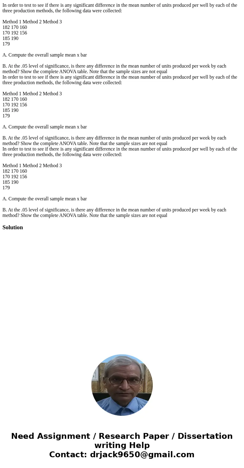 In order to test to see if there is any significant difference in the mean number of units produced per well by each of the three production methods, the follo  In order to test to see if there is any significant difference in the mean number of units produced per well by each of the three production methods, the follo