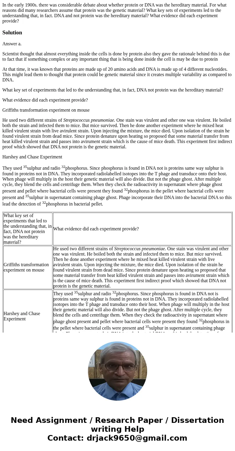 In the early 1900s. there was considerable debate about whether protein or DNA was the hereditary material. For what reasons did many researchers assume that p  In the early 1900s. there was considerable debate about whether protein or DNA was the hereditary material. For what reasons did many researchers assume that p
