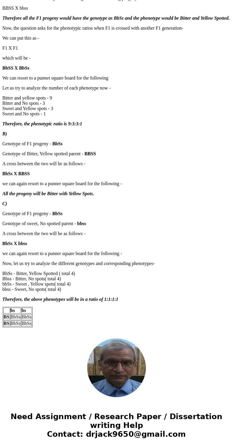 In watermelons, bitter fruit (B) is dominant over sweet fruit (b), and yellow spots (S) are dominant over no spots (s). The genes for these two characteristics  In watermelons, bitter fruit (B) is dominant over sweet fruit (b), and yellow spots (S) are dominant over no spots (s). The genes for these two characteristics