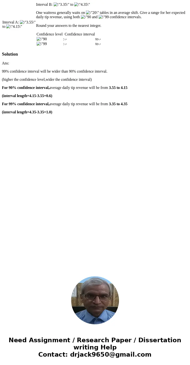  Interval A: to Interval B: to One waitress generally waits on tables in an average shift. Give a range for her expected daily tip revenue, using both and confi