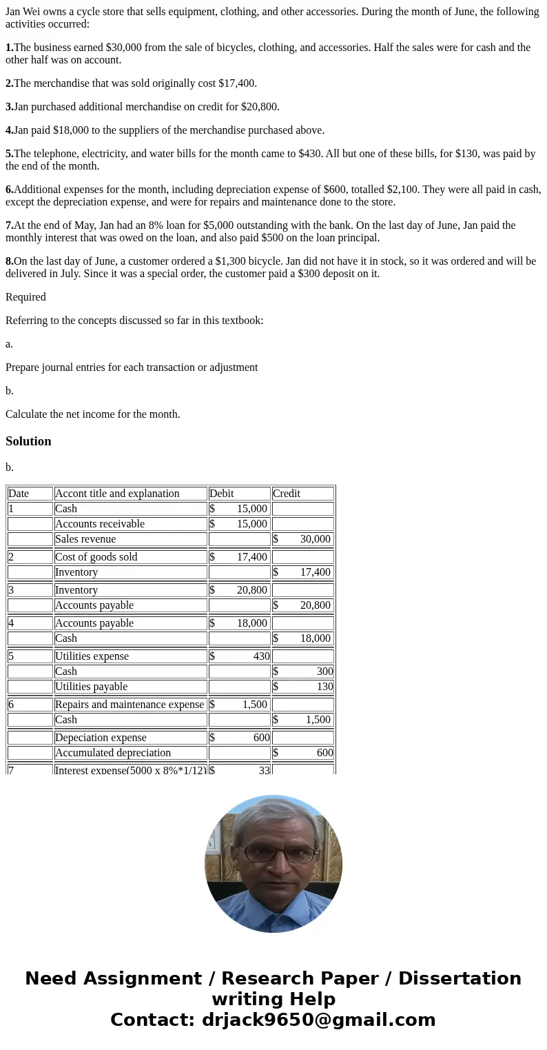 Jan Wei owns a cycle store that sells equipment, clothing, and other accessories. During the month of June, the following activities occurred: 1.The business ea Jan Wei owns a cycle store that sells equipment, clothing, and other accessories. During the month of June, the following activities occurred: 1.The business ea