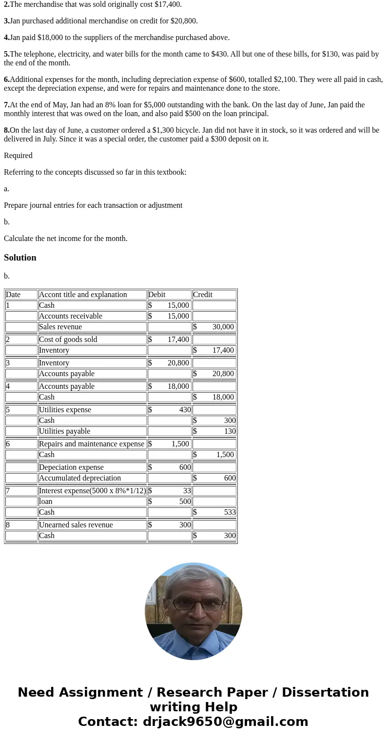 Jan Wei owns a cycle store that sells equipment, clothing, and other accessories. During the month of June, the following activities occurred: 1.The business ea Jan Wei owns a cycle store that sells equipment, clothing, and other accessories. During the month of June, the following activities occurred: 1.The business ea