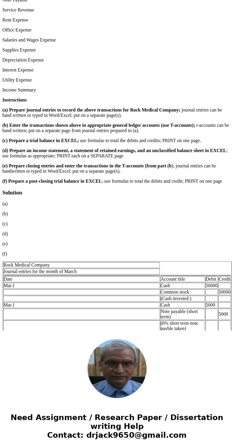 Listed below are the transactions of Rock Medical Company (a service company organized as a corporation), for the month of March. Record the following transacti