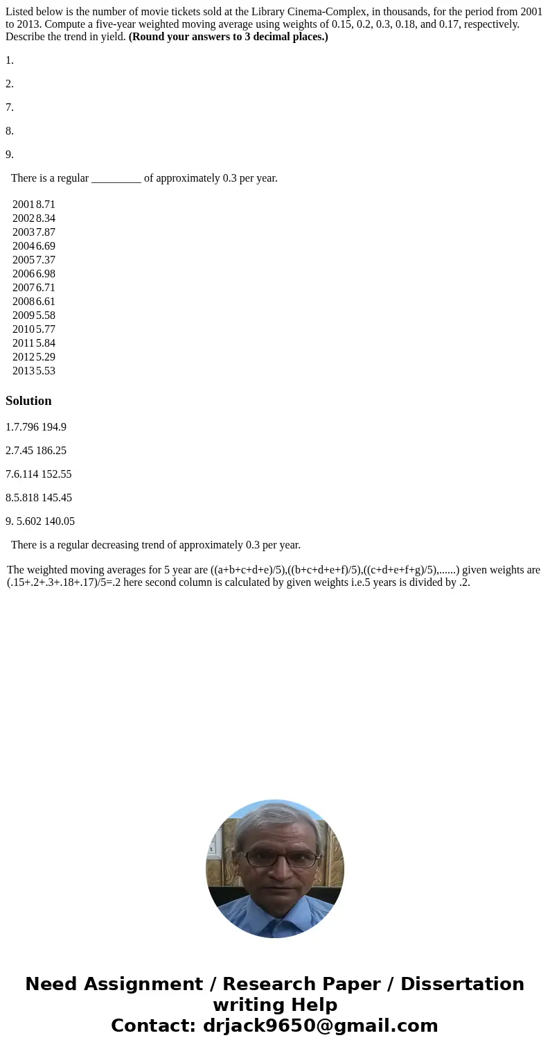 Listed below is the number of movie tickets sold at the Library Cinema-Complex, in thousands, for the period from 2001 to 2013. Compute a five-year weighted mov