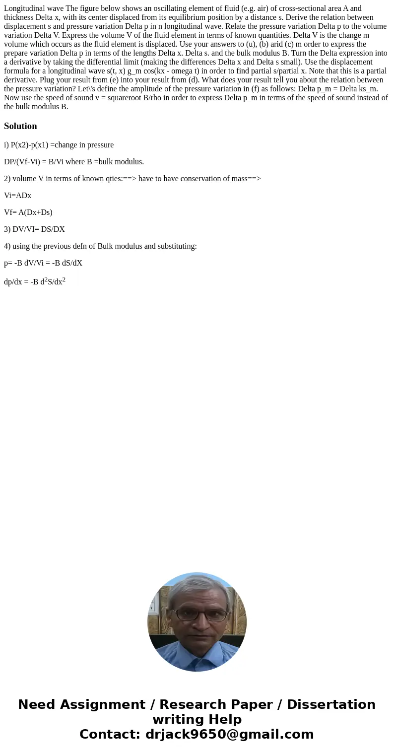 Longitudinal wave The figure below shows an oscillating element of fluid (e.g. air) of cross-sectional area A and thickness Delta x, with its center displaced   Longitudinal wave The figure below shows an oscillating element of fluid (e.g. air) of cross-sectional area A and thickness Delta x, with its center displaced