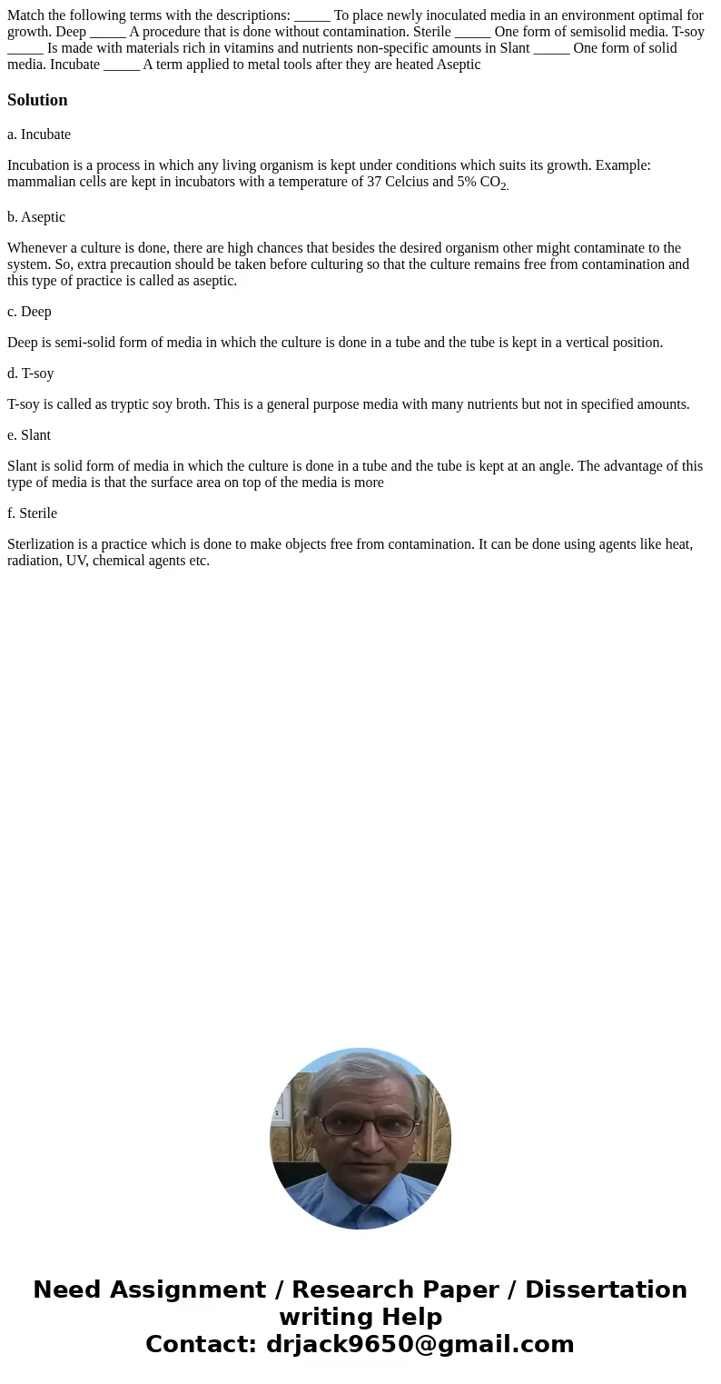 Match the following terms with the descriptions: _____ To place newly inoculated media in an environment optimal for growth. Deep _____ A procedure that is don  Match the following terms with the descriptions: _____ To place newly inoculated media in an environment optimal for growth. Deep _____ A procedure that is don