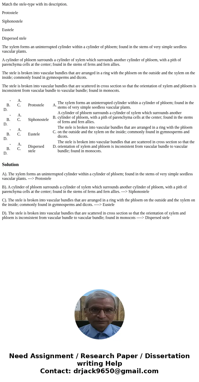 Match the stele-type with its description. Protostele Siphonostele Eustele Dispersed stele The xylem forms an uninterrupted cylinder within a cylinder of phloem Match the stele-type with its description. Protostele Siphonostele Eustele Dispersed stele The xylem forms an uninterrupted cylinder within a cylinder of phloem