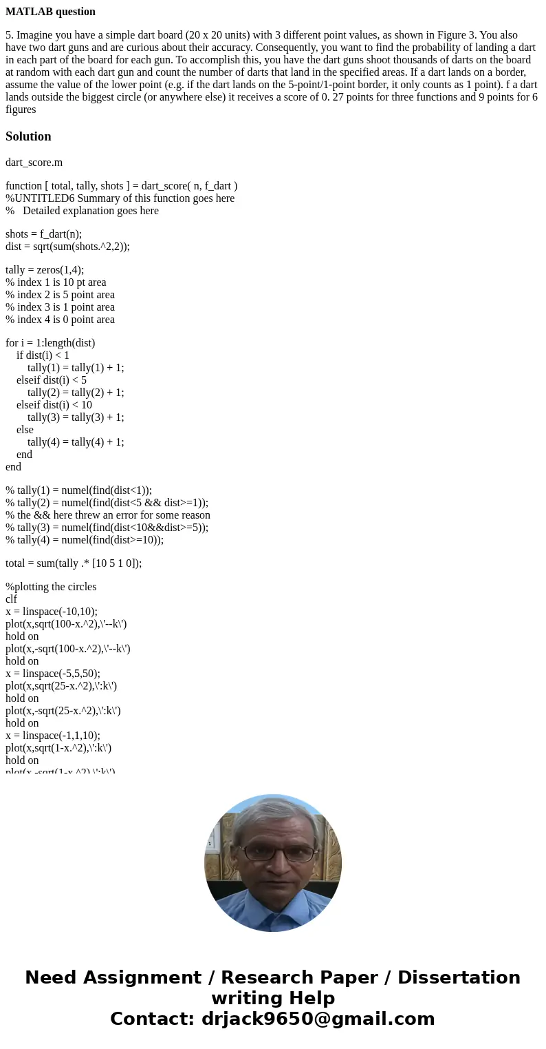 MATLAB question 5. Imagine you have a simple dart board (20 x 20 units) with 3 different point values, as shown in Figure 3. You also have two dart guns and are
