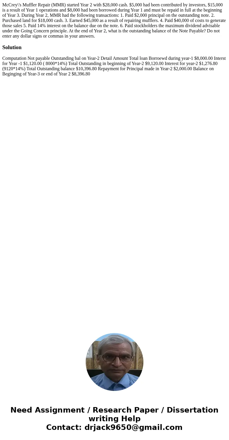  McCrey\'s Muffler Repair (MMR) started Year 2 with $28,000 cash. $5,000 had been contributed by investors, $15,000 is a result of Year 1 operations and $8,000 