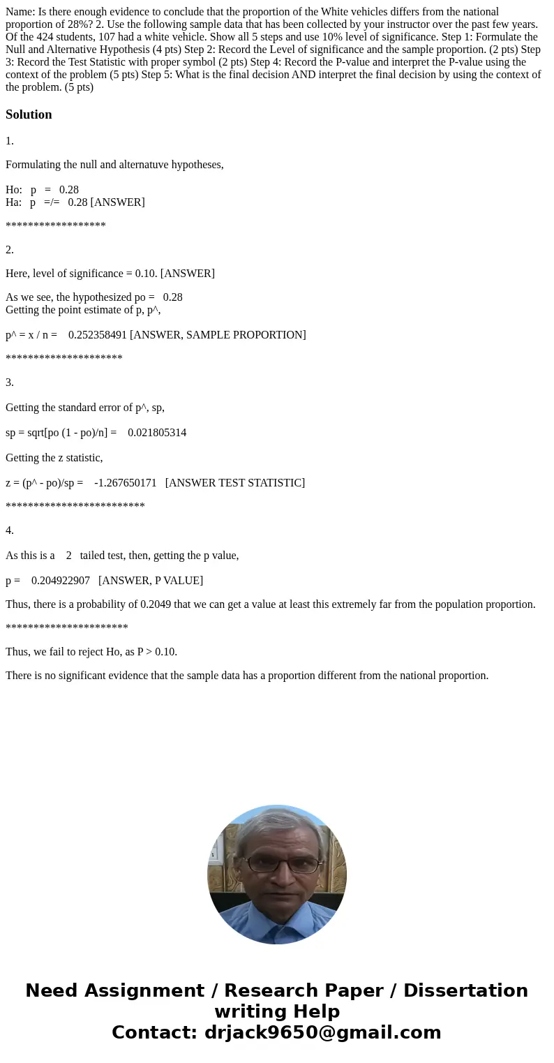 Name: Is there enough evidence to conclude that the proportion of the White vehicles differs from the national proportion of 28%? 2. Use the following sample d  Name: Is there enough evidence to conclude that the proportion of the White vehicles differs from the national proportion of 28%? 2. Use the following sample d