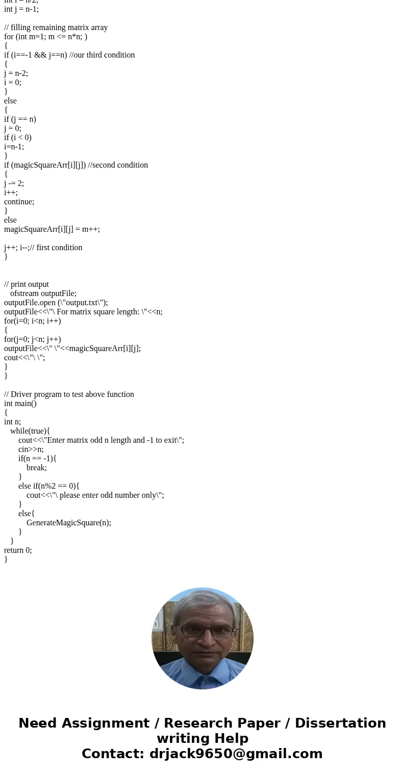 Objective: Implement a nonItrivial algorithm in C++. Problem: A Magic Square of order N consists of N2 squares, each of which contains a number from 1 through N