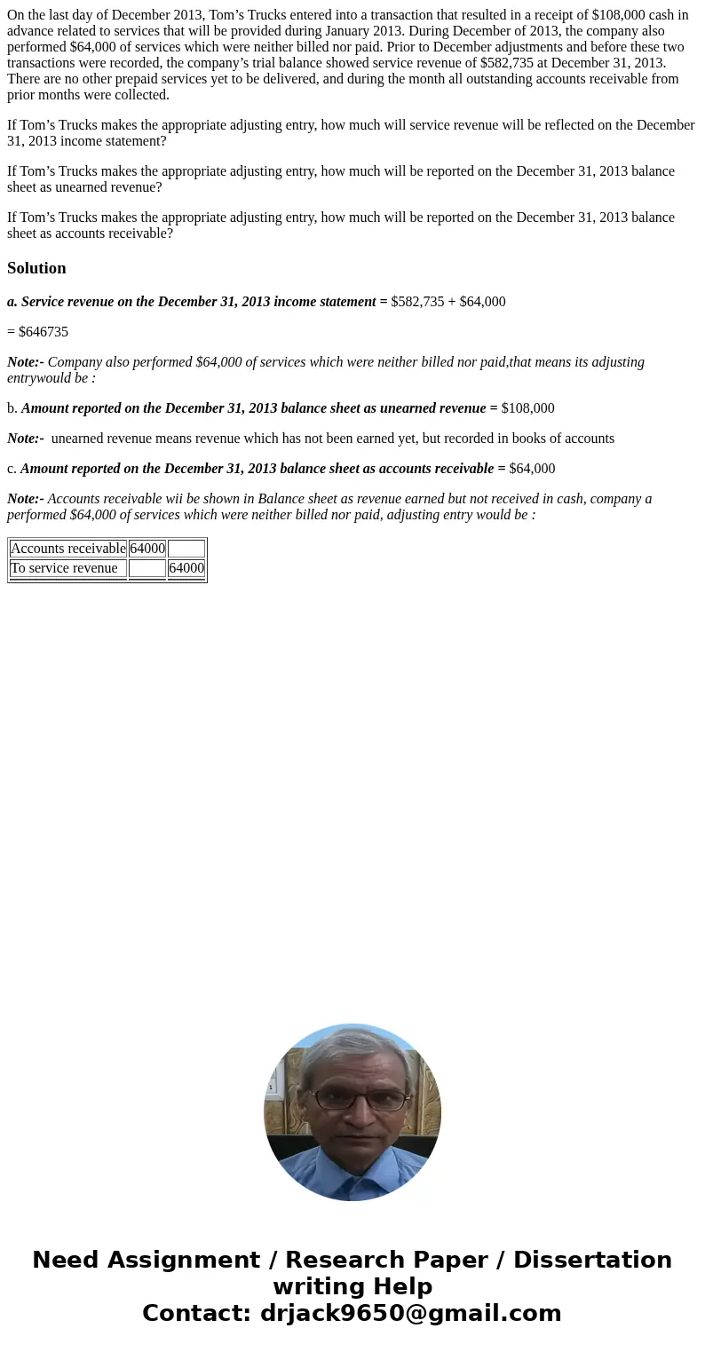 On the last day of December 2013, Tom’s Trucks entered into a transaction that resulted in a receipt of $108,000 cash in advance related to services that will b On the last day of December 2013, Tom’s Trucks entered into a transaction that resulted in a receipt of $108,000 cash in advance related to services that will b