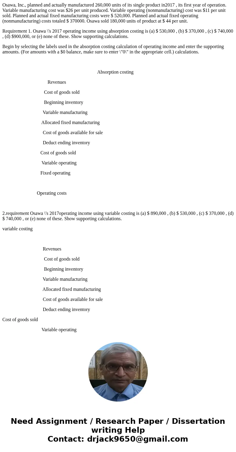 Osawa, Inc., planned and actually manufactured 260,000 units of its single product in2017 , its first year of operation. Variable manufacturing cost was $26 per