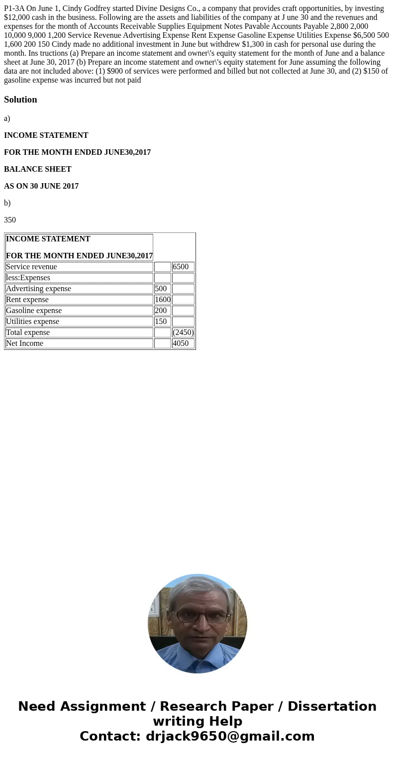  P1-3A On June 1, Cindy Godfrey started Divine Designs Co., a company that provides craft opportunities, by investing $12,000 cash in the business. Following ar