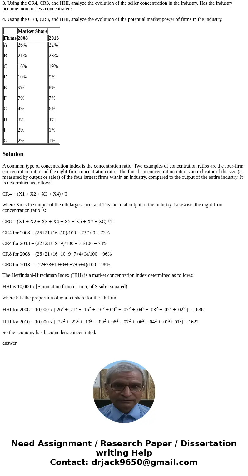 Please answer the 4 questions below. Suppose an industry that has 10 firms. Below are the market shares for 2008 and 2013 of the 10 firms. Market Share Firms 20
