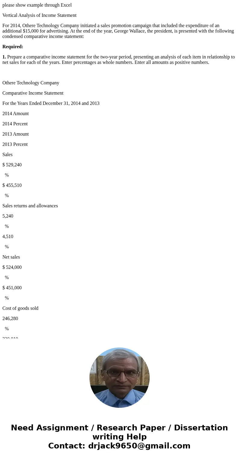 please show example through Excel Vertical Analysis of Income Statement For 2014, Othere Technology Company initiated a sales promotion campaign that included t