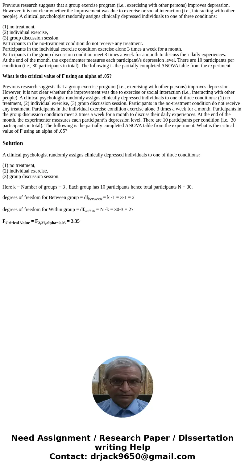 Previous research suggests that a group exercise program (i.e., exercising with other persons) improves depression. However, it is not clear whether the improve Previous research suggests that a group exercise program (i.e., exercising with other persons) improves depression. However, it is not clear whether the improve
