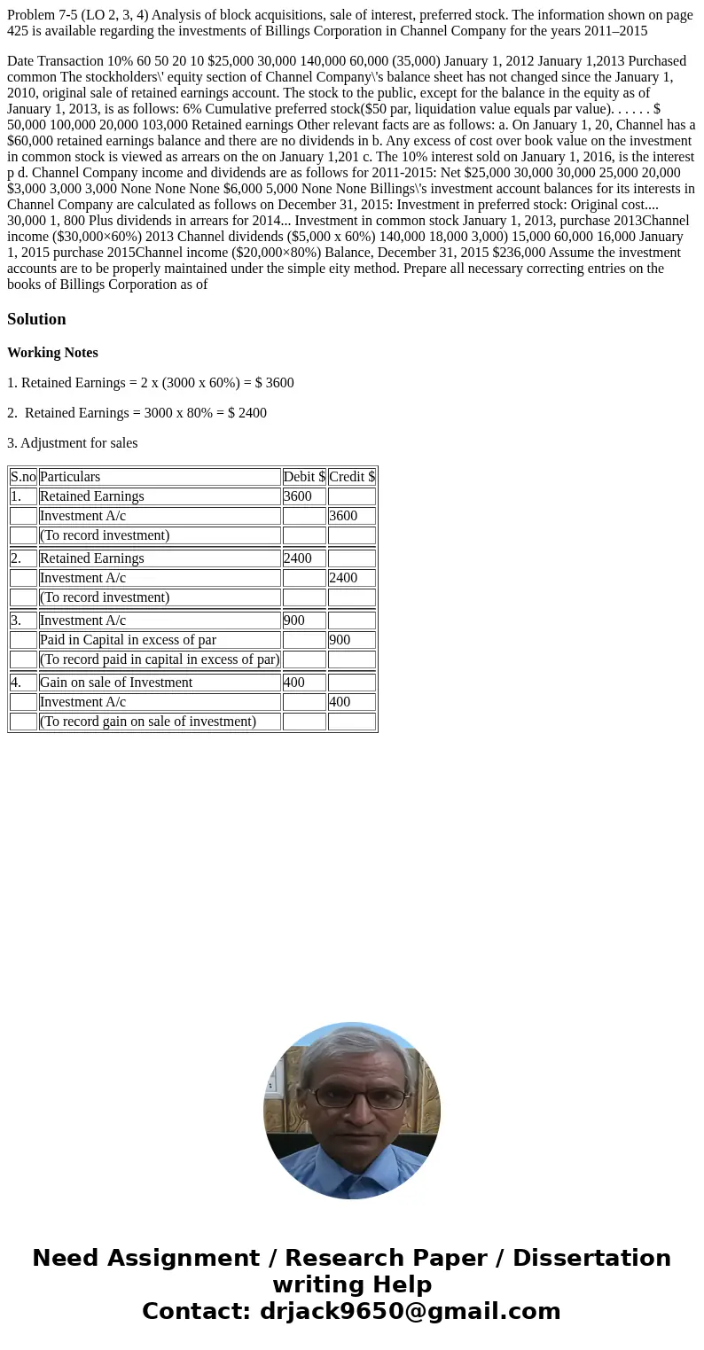 Problem 7-5 (LO 2, 3, 4) Analysis of block acquisitions, sale of interest, preferred stock. The information shown on page 425 is available regarding the investm Problem 7-5 (LO 2, 3, 4) Analysis of block acquisitions, sale of interest, preferred stock. The information shown on page 425 is available regarding the investm