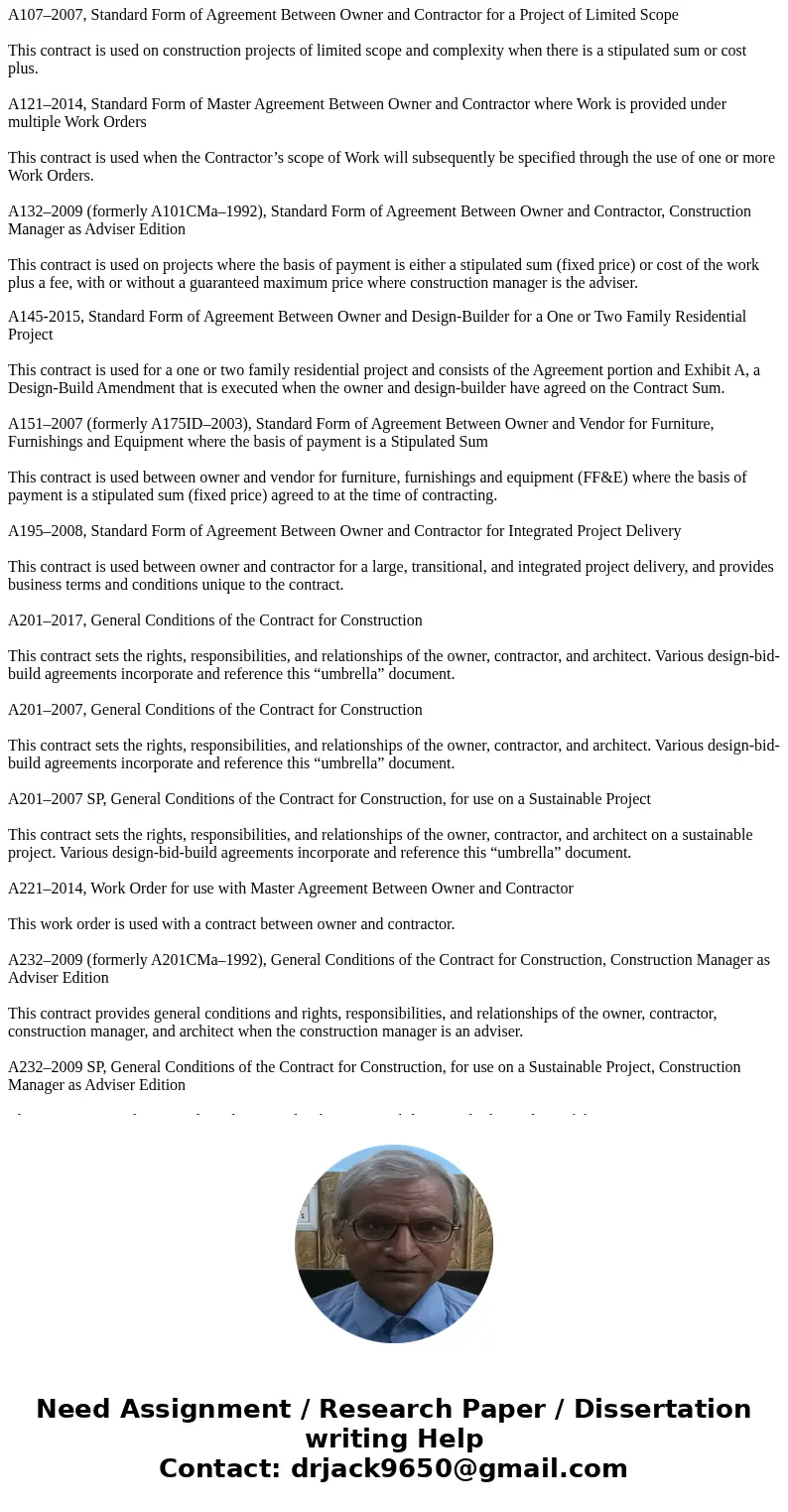 Provide a detailed overview and description of the standard construction forms of contract developed by AIA, ConcencusDOCS, EJCDC, FIDIC, JCT, and NEC.SolutionA Provide a detailed overview and description of the standard construction forms of contract developed by AIA, ConcencusDOCS, EJCDC, FIDIC, JCT, and NEC.SolutionA