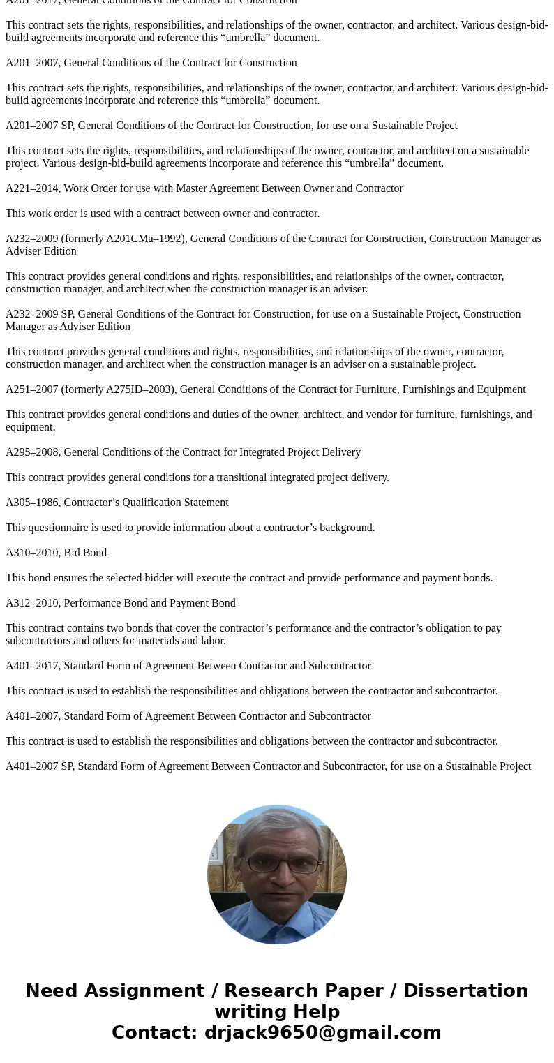 Provide a detailed overview and description of the standard construction forms of contract developed by AIA, ConcencusDOCS, EJCDC, FIDIC, JCT, and NEC.SolutionA Provide a detailed overview and description of the standard construction forms of contract developed by AIA, ConcencusDOCS, EJCDC, FIDIC, JCT, and NEC.SolutionA