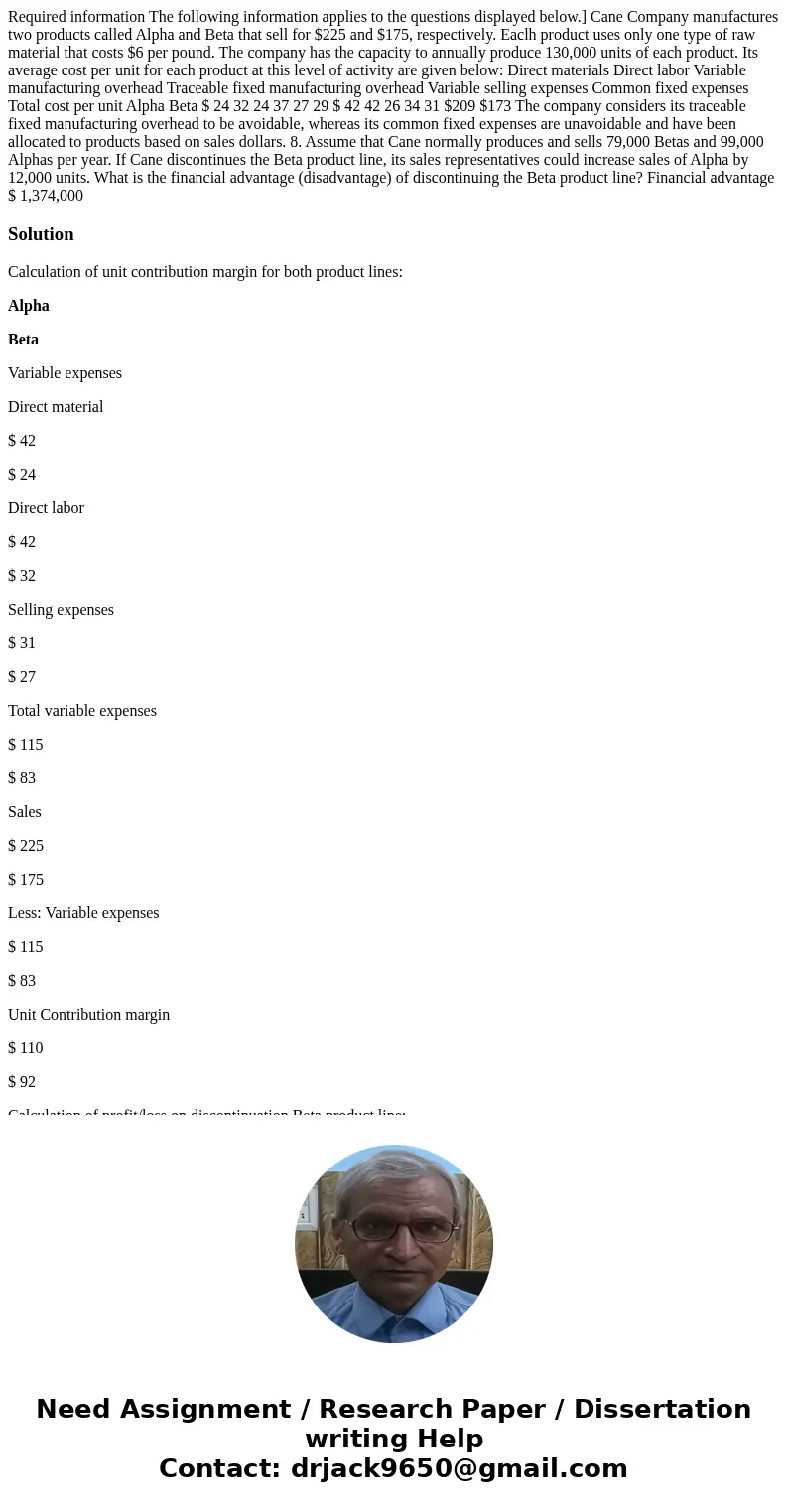  Required information The following information applies to the questions displayed below.] Cane Company manufactures two products called Alpha and Beta that sel
