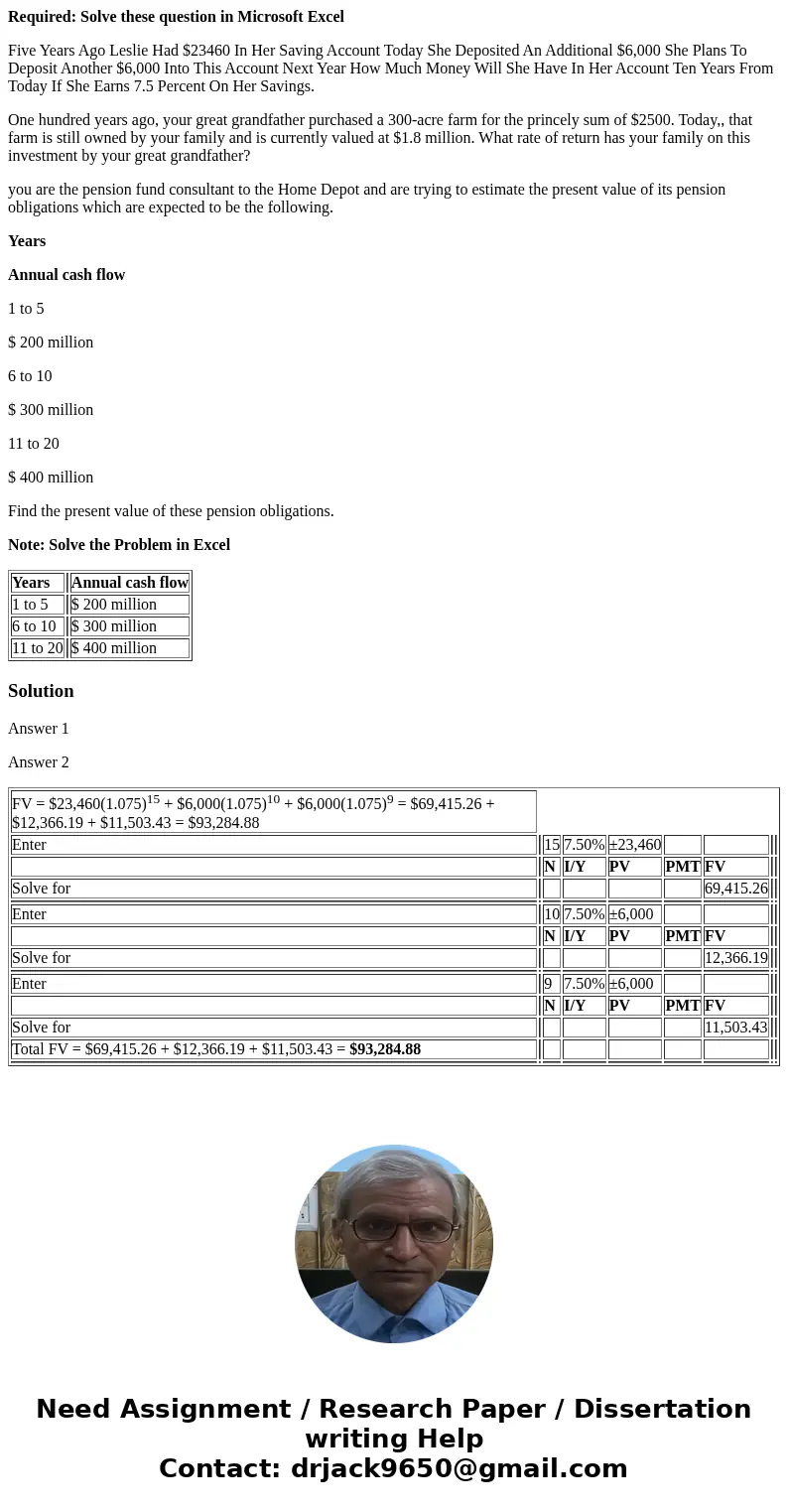 Required: Solve these question in Microsoft Excel Five Years Ago Leslie Had $23460 In Her Saving Account Today She Deposited An Additional $6,000 She Plans To D