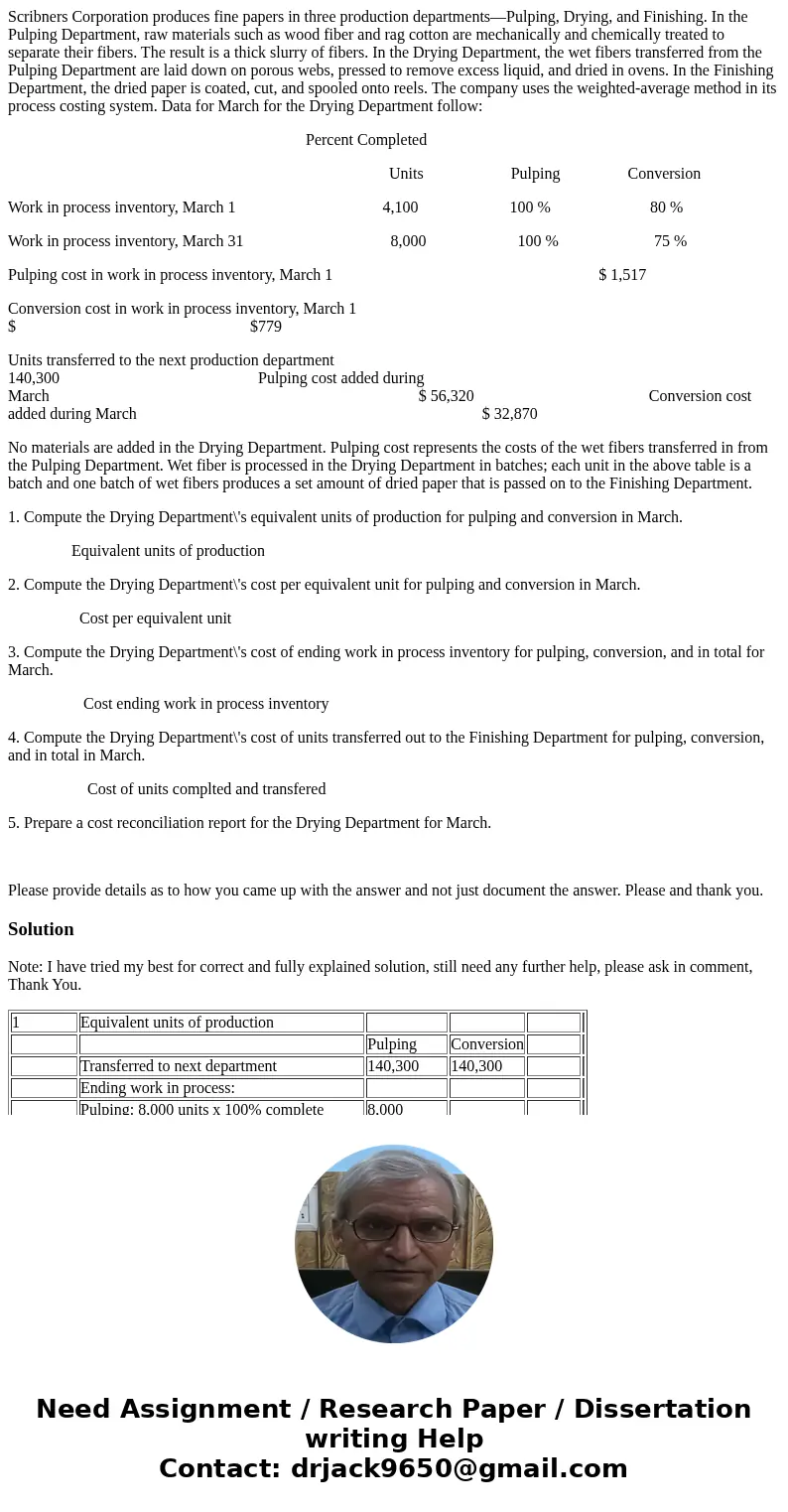 Scribners Corporation produces fine papers in three production departments—Pulping, Drying, and Finishing. In the Pulping Department, raw materials such as wood Scribners Corporation produces fine papers in three production departments—Pulping, Drying, and Finishing. In the Pulping Department, raw materials such as wood