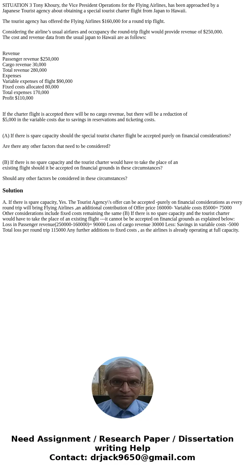 SITUATION 3 Tony Khoury, the Vice President Operations for the Flying Airlines, has been approached by a Japanese Tourist agency about obtaining a special touri SITUATION 3 Tony Khoury, the Vice President Operations for the Flying Airlines, has been approached by a Japanese Tourist agency about obtaining a special touri