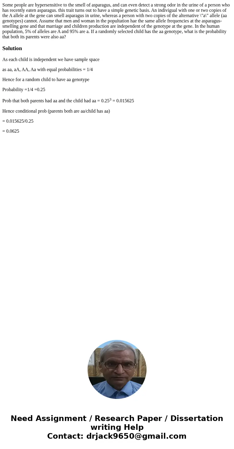 Some people are hypersensitive to the smell of asparagus, and can even detect a strong odor in the urine of a person who has recently eaten asparagus. this trai Some people are hypersensitive to the smell of asparagus, and can even detect a strong odor in the urine of a person who has recently eaten asparagus. this trai