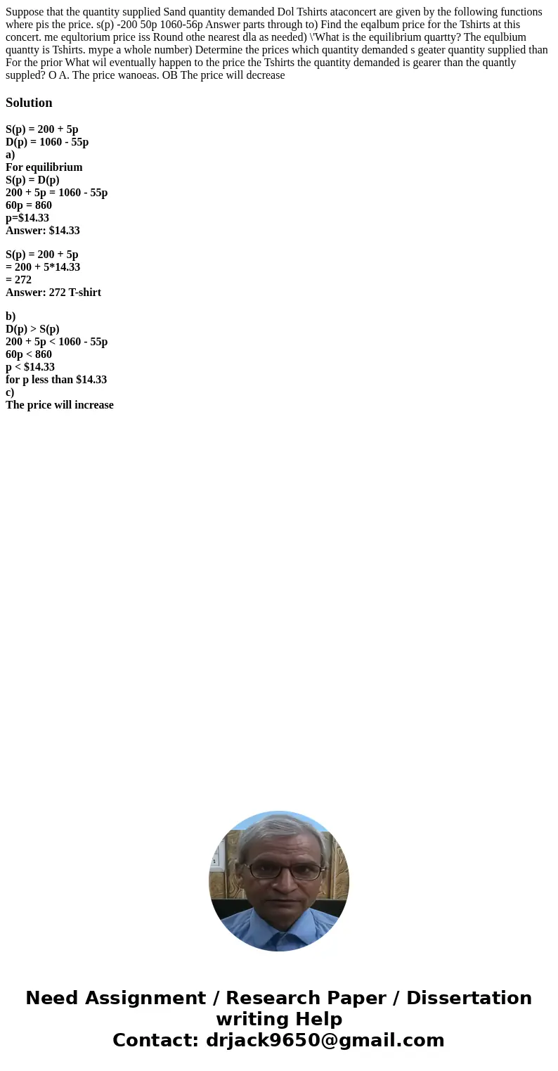 Suppose that the quantity supplied Sand quantity demanded Dol Tshirts ataconcert are given by the following functions where pis the price. s(p) -200 50p 1060-5  Suppose that the quantity supplied Sand quantity demanded Dol Tshirts ataconcert are given by the following functions where pis the price. s(p) -200 50p 1060-5