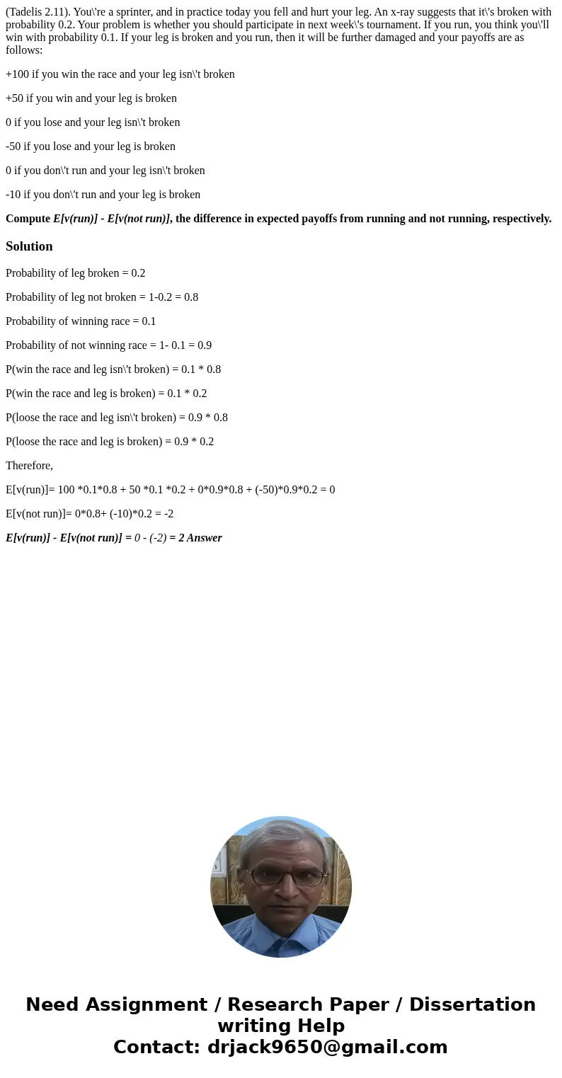 (Tadelis 2.11). You\'re a sprinter, and in practice today you fell and hurt your leg. An x-ray suggests that it\'s broken with probability 0.2. Your problem is  (Tadelis 2.11). You\'re a sprinter, and in practice today you fell and hurt your leg. An x-ray suggests that it\'s broken with probability 0.2. Your problem is