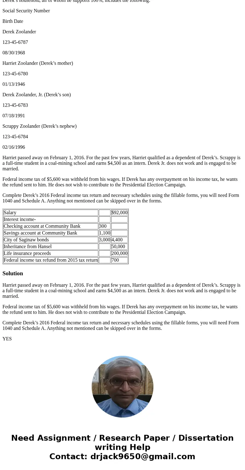 Tax Return Problem Derek Zoolander is a widower whose wife, Matilda, died on October 16, 2014. He lives at 4801 Apple Lane, Saginaw, MI 48601. He is employed as Tax Return Problem Derek Zoolander is a widower whose wife, Matilda, died on October 16, 2014. He lives at 4801 Apple Lane, Saginaw, MI 48601. He is employed as