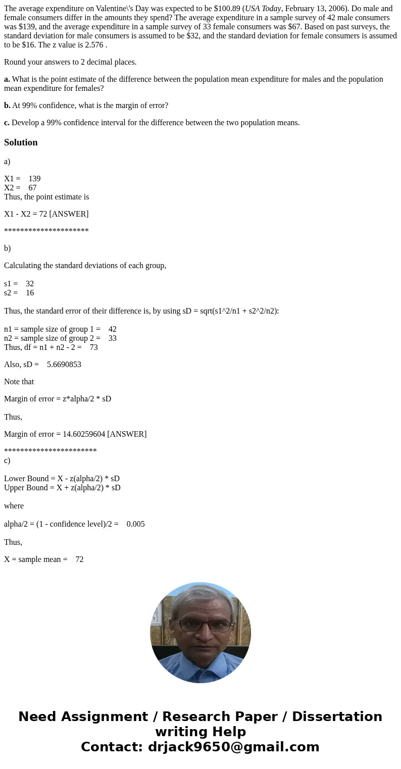 The average expenditure on Valentine\'s Day was expected to be $100.89 (USA Today, February 13, 2006). Do male and female consumers differ in the amounts they s The average expenditure on Valentine\'s Day was expected to be $100.89 (USA Today, February 13, 2006). Do male and female consumers differ in the amounts they s