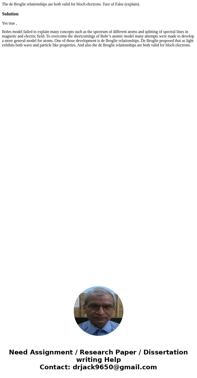 The de Broglie relationships are both valid for bloch electrons. Ture of False (explain).SolutionYes true , Bohrs model failed to explain many concepts such as  The de Broglie relationships are both valid for bloch electrons. Ture of False (explain).SolutionYes true , Bohrs model failed to explain many concepts such as