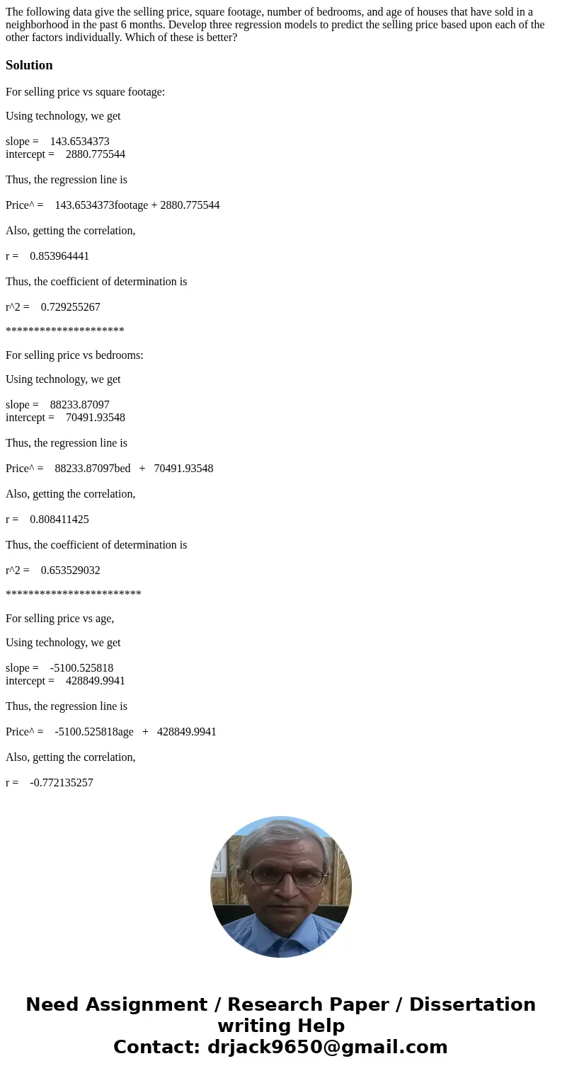 The following data give the selling price, square footage, number of bedrooms, and age of houses that have sold in a neighborhood in the past 6 months. Develop  The following data give the selling price, square footage, number of bedrooms, and age of houses that have sold in a neighborhood in the past 6 months. Develop