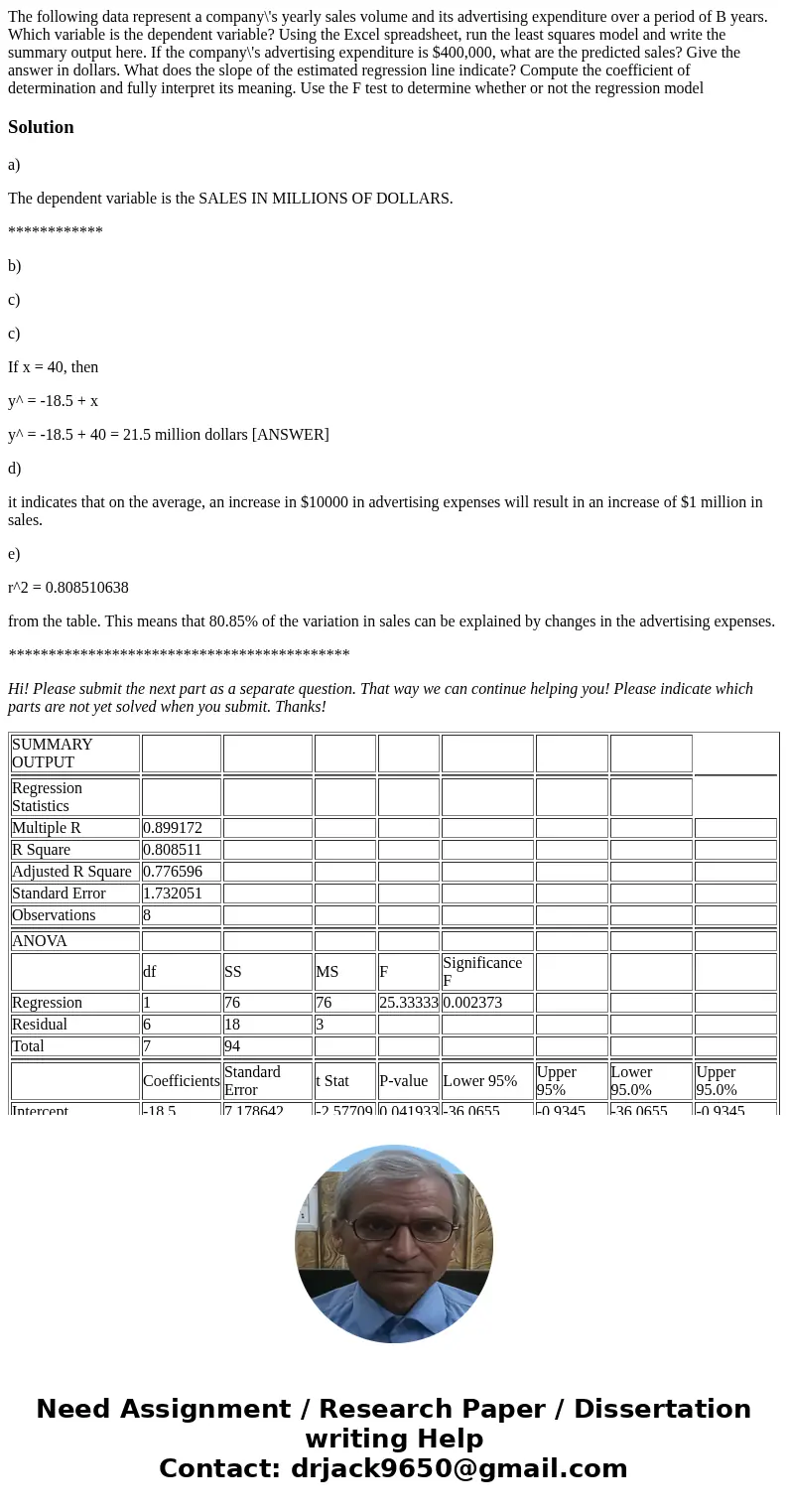  The following data represent a company\'s yearly sales volume and its advertising expenditure over a period of B years. Which variable is the dependent variabl