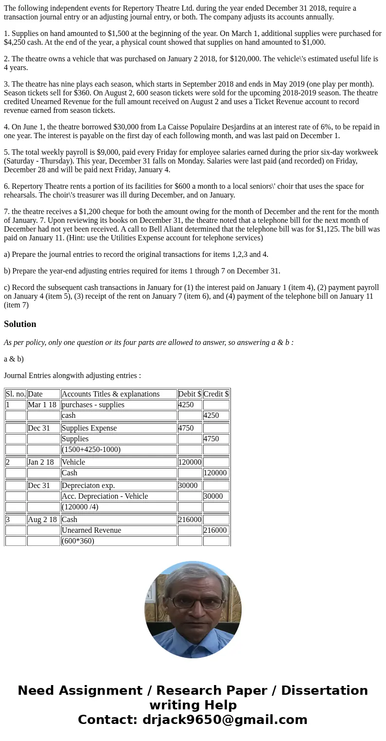 The following independent events for Repertory Theatre Ltd. during the year ended December 31 2018, require a transaction journal entry or an adjusting journal 