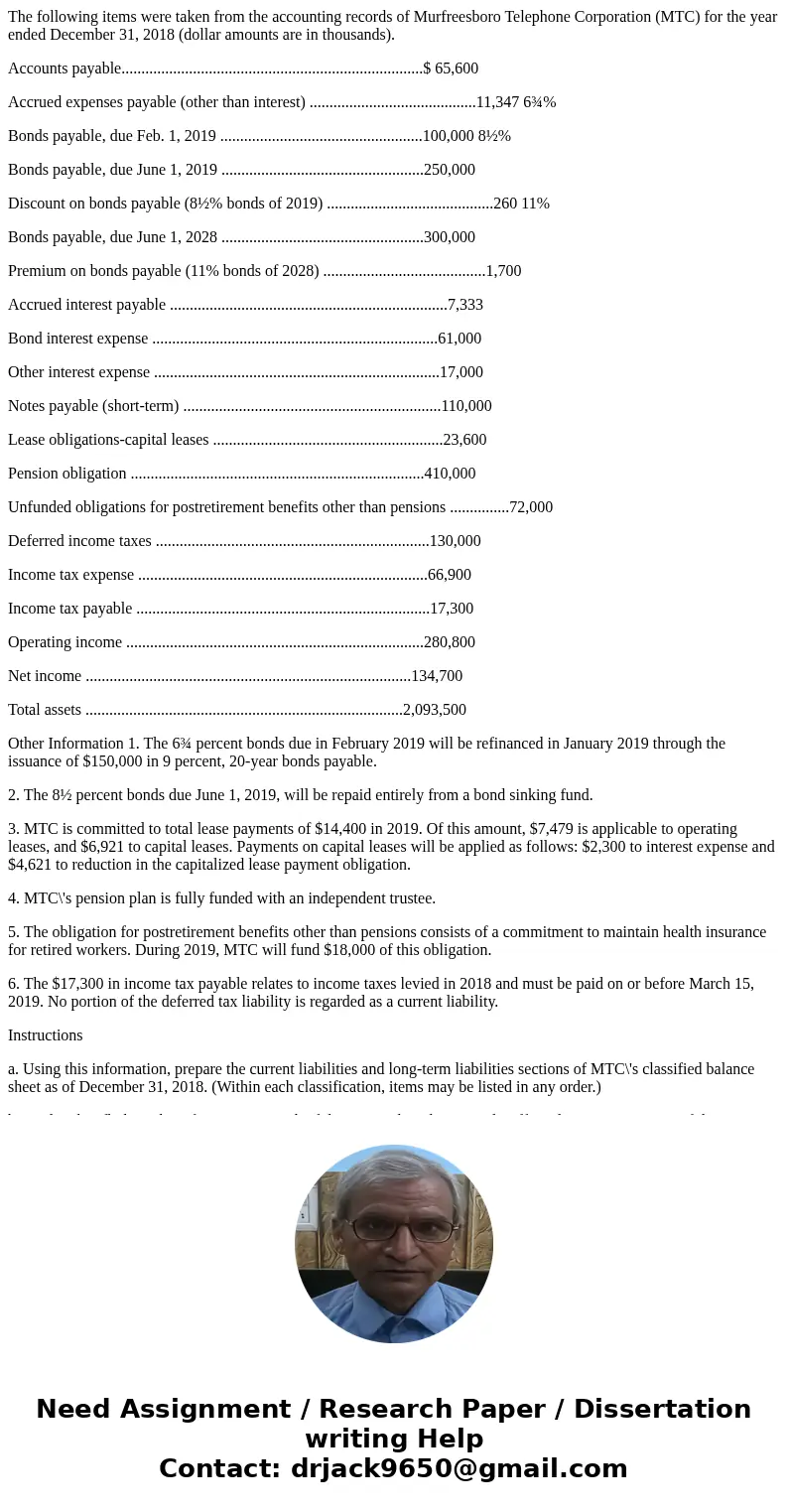 The following items were taken from the accounting records of Murfreesboro Telephone Corporation (MTC) for the year ended December 31, 2018 (dollar amounts are 