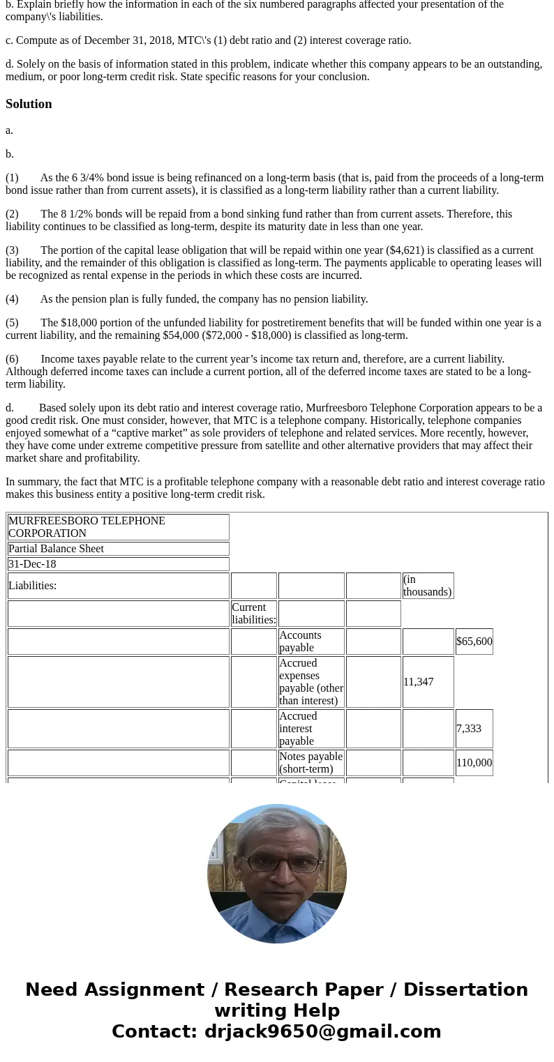 The following items were taken from the accounting records of Murfreesboro Telephone Corporation (MTC) for the year ended December 31, 2018 (dollar amounts are 