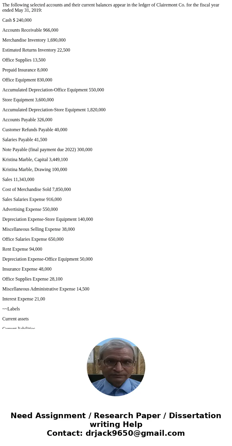 The following selected accounts and their current balances appear in the ledger of Clairemont Co. for the fiscal year ended May 31, 2019: Cash $ 240,000 Account