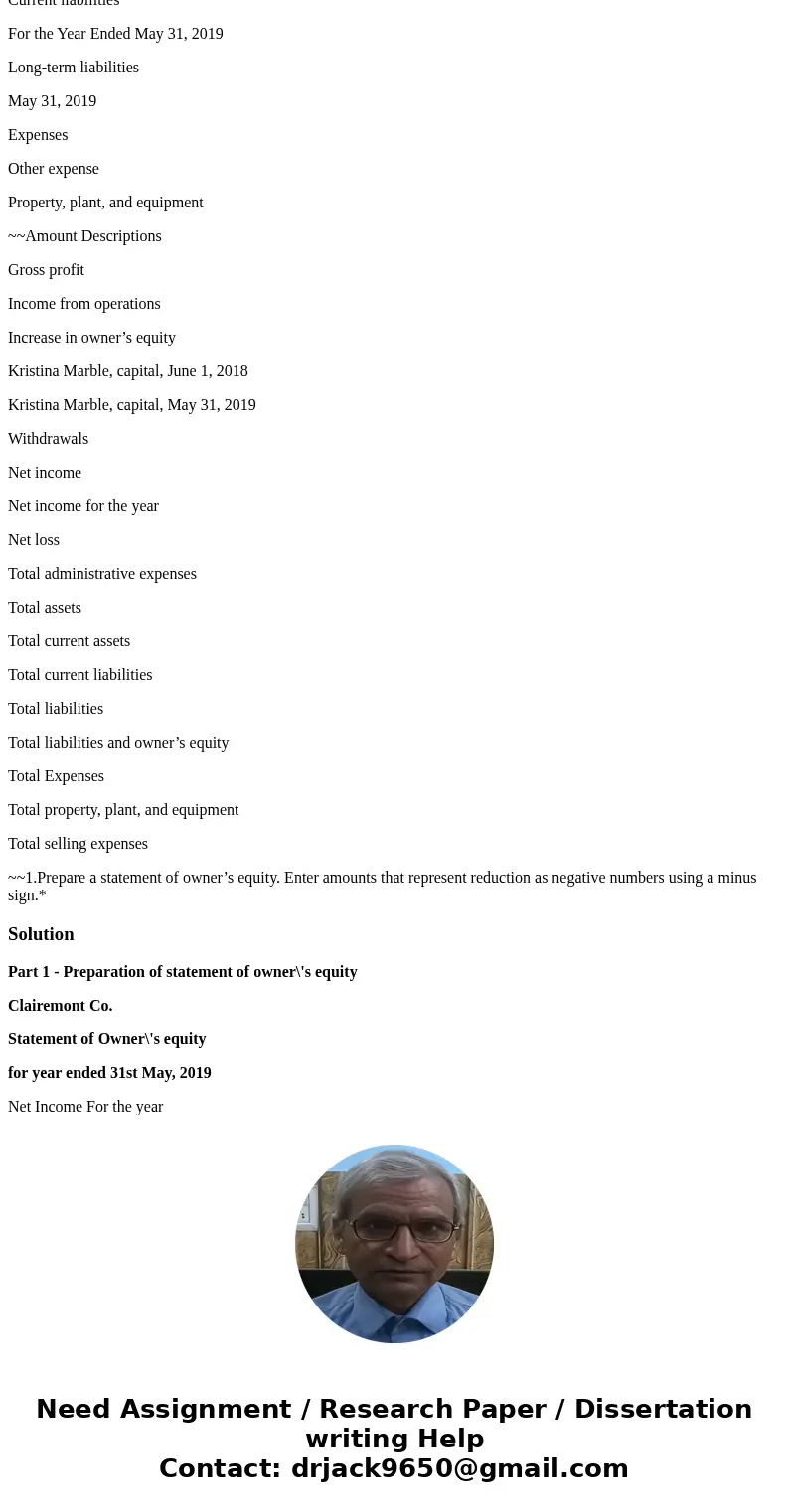 The following selected accounts and their current balances appear in the ledger of Clairemont Co. for the fiscal year ended May 31, 2019: Cash $ 240,000 Account